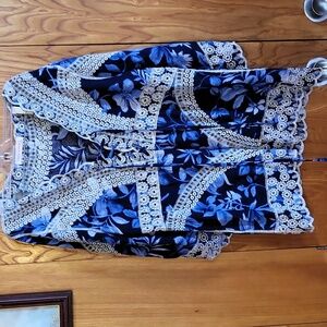 NWOT Parami Design blue floral blouse with all over embroidery